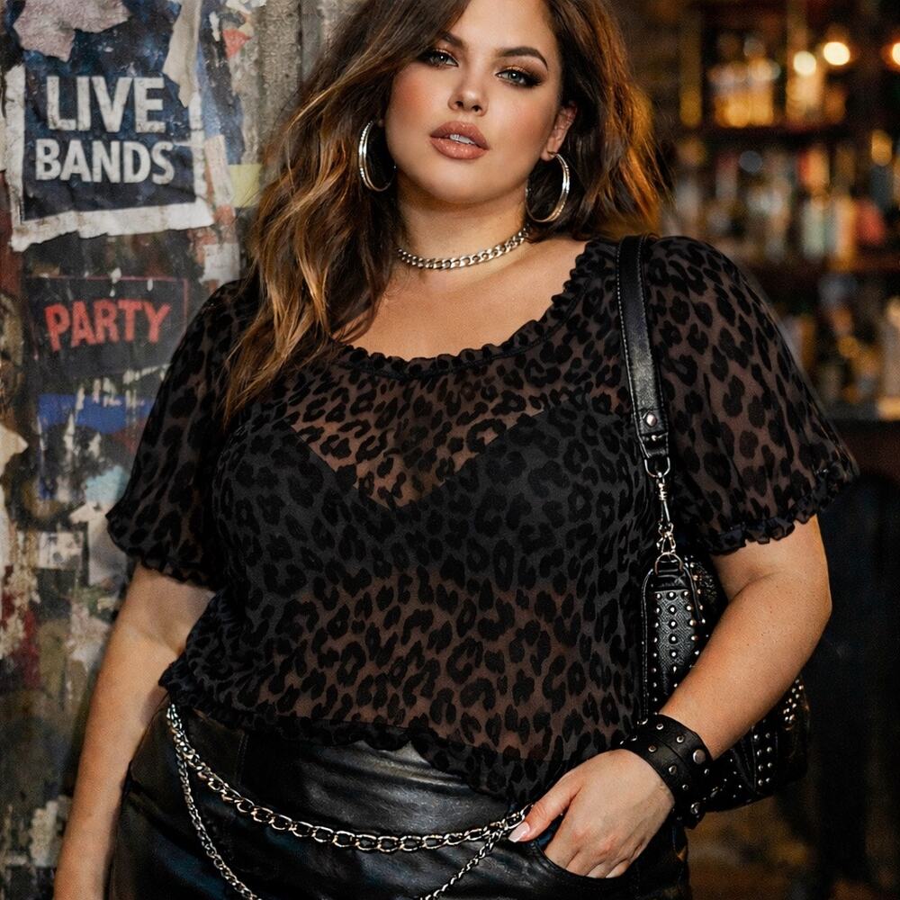 Emma James Black Velvet Burnout Y2K Sheer Top Sz 16 Goth Leopard Mesh Indie Club